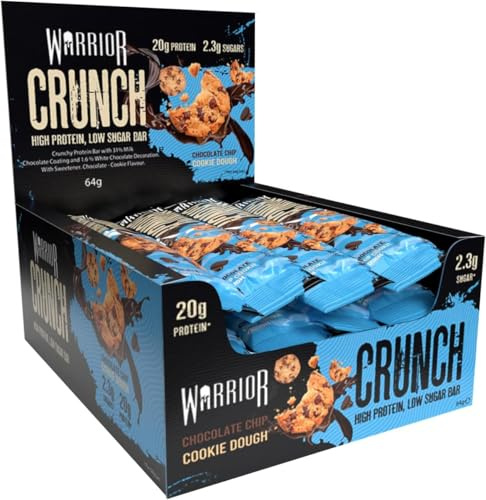 Warrior Crunch Protein Bars – 20g Protein Per Bar – Low Carb, Low Sugar Snack – High Protein Treat – Chocolate Chip Cookie Dough Flavor – 12 x 64g Bars – Ideal for Fitness, Muscle Recovery
