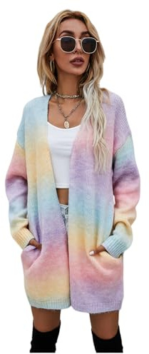 HEYPORK Damen Herbst Winter Warm Bequem Jacke Mode übergangsjacke Mantel Frauen Pullover Regenbogen Mittlere Länge Strickjacke Tasche Gestrickt Jacke(A Rosa, L)
