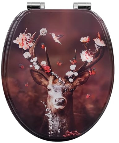 WOLTU Toilettendeckel mit Absenkautomatik Holz, Toilettensitz Klodeckel Klobrille WC Sitz O-Form mit Scharnieren, Quick-Release Funktion für leichte Reinigung, Hirsche Motiv