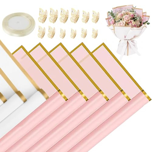 Molirex 14 Hojas Papel de Regalo para Flores con Cinta y 12 Mariposas Decorativas, Papel Floristeria con Borde Dorado para Ramos de Flores, Manualidades, Cumpleaños Regalo, Rosa y Blanco