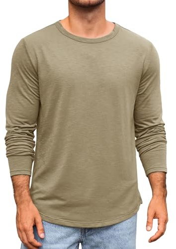 Runcati Camiseta de manga larga para hombre, cuello redondo, manga larga, monocolor, corte regular, parte superior, deporte, ocio, informal, básica, camiseta interior, caqui, L