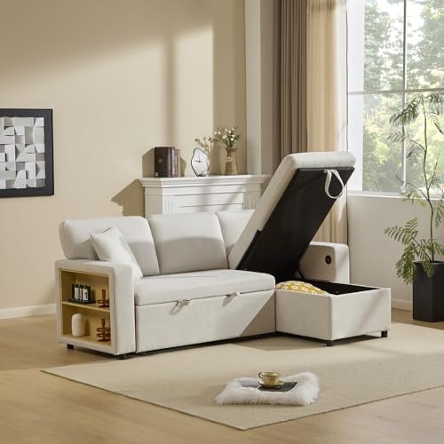Miyemo 3 Seater Sofa Bed, 3 In 1 Convertible Sleeper Bed with Storage & Charging-Station, L Shaped Corner Sofa with Integrated Shelf, Side Pockets & 3 Cushions, Oxford Cloth, Beige