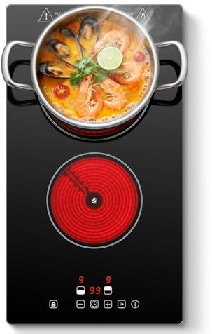 SNDOAS 30cm Ceramic Hob 2 Zones, 3000W Electric Hob Built-in/Countertop, Pause Function & 1-99 Min Timer, 9 Power Levels Touch Control, Child Lock, All Pots Compatible, Plug in Hob with UK standard
