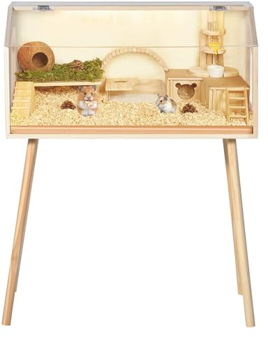 RBFGYIOP Ampio habitat in legno per piccoli animali - Gabbia per criceti con gambe, finestra in acrilico, tetto apribile, facile montaggio, ideale per criceti, gerbilli, ratti, porcellini d'India e