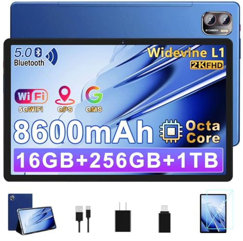 BIEGEDY Tablet Pantalla 2K,16GB RAM + 256GB ROM + TF 1TB / 8600 mAh/Octa-Core 2.0 GHz/2000 x 1200 Pixels /5MP + 13MP/ 5G WiFi/Bluetooth 5.0,Tablet con Funda Azul