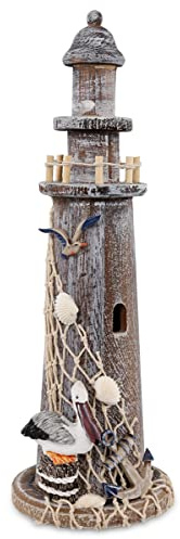 CoTa Global Brown Wooden Lighthouse Decor - Handcrafted Lighthouse Coastal Decor for Home, Outdoor Patio, Nautical Centerpiece with Pelican, Fish Net, Seashells, and Anchor Decoration - 14.25 Inches
