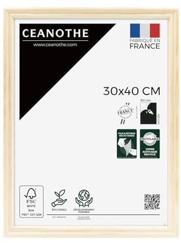 Ceanothe Cadre Photo 30x40 cm Bois Brut Naturel FSC Convient au A4 et de la Collection Classique Circée Authentic Verre Acrylique Incassable Recyclé – Fabriqué en France