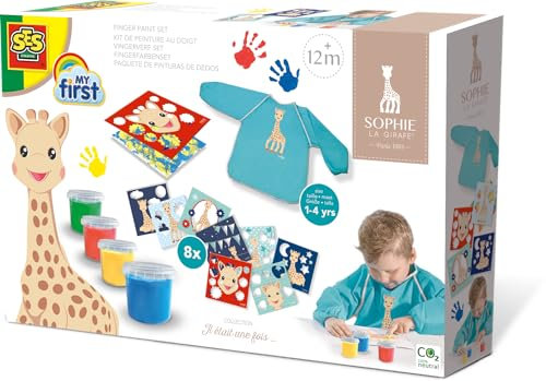 SES Creative | Kit Peinture au doigt Sophie La Girafe | Jeux Arts Créatif pour Enfants| Tablier Floqué + 4 pots et 8 Pochoirs | Développement Créatif | Peinture Lavable | Sécurité | Cadeau dès 1 An