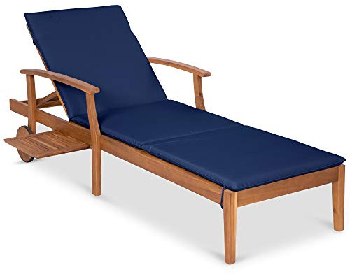Best Choice Products 79x26in Acacia Wood Chaise Lounge Chair Recliner, Outdoor Furniture for Patio, Poolside w/Slide-Out Side Table, Foam-Padded Cushion, Adjustable Backrest, Wheels - Navy Blue