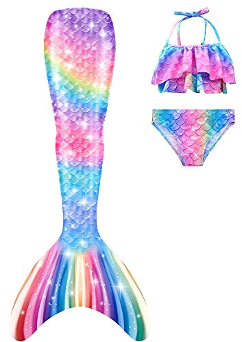 DNFUN Meerjungfrauenschwanz mit Bikini zum Schwimmen für Mädchen Meerjungfrau Schwanz Schwimmen kostüme für Kinder,Meerjungfrau Flosse Mädchen Seperat