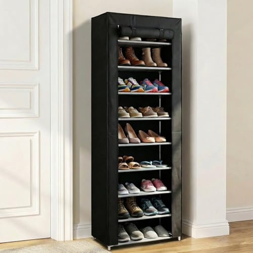 Rainberg 10 Tier Shoes Rack with Dustproof Cover, Shoe Storage Cabinet, Shoe Organizer, Easy to Assemble, Hold up to 25-30 Pairs (H 158cm x W 58cm x D 30cm) (Black)