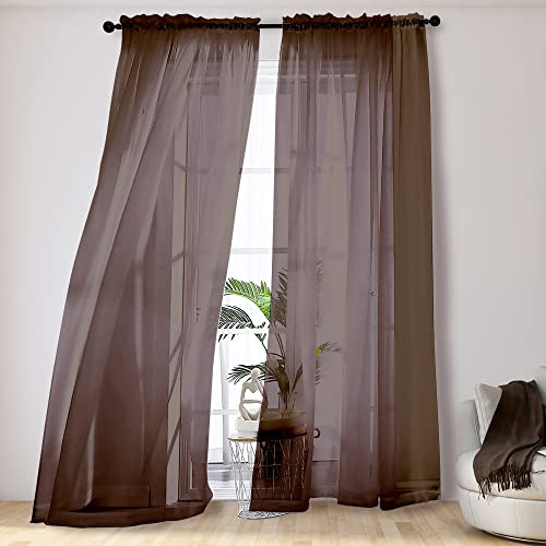 OVZME Elegant Voile Panels - Solid Color Sheer 96 Length Window Curtains, 2 Panels=84 W for Bedroom/Living Room, Chocolate
