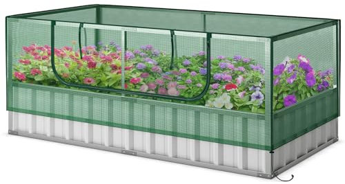 TANGZON Raised Garden Bed with Greenhouse, Galvanized Steel Planter Box Kit with Cover, Roll-Up Door, 8PCS T Tags & A Pair of Gloves, Outdoor Rectangular Vegetable Flower Herb Planter, 174 x 90 x 71cm