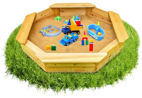 Sally Bac à sable hexagonal en bois marron avec tapis de sol noir 135 x 135 x 20 cm 4 planches de siège