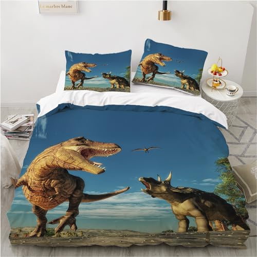 YASMENG Dino sängkläder 135 x 200 barn 3D dinosaurie sängkläder tonåring pojkar mjuka mikrofiber sängkläder 2 delar gåvor för barn pojkar med dragkedja och 80 x 80 cm örngott