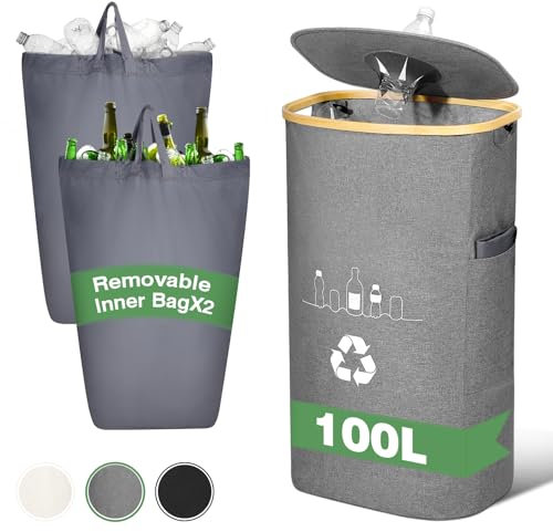 100L Recycling Bins for Kitchen Home, Deposit Bottle Collector Bins with Lid and 2 Reusable Inner Bags, Indoor Recyclable Waste Trash Sorting Organizer for Collecting Empties and Glass Waste(Gray)