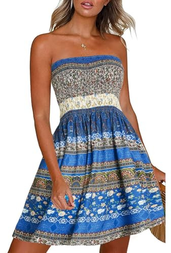 florynova Summer Dresses for Women Strapless Bandeau Dress(Floral Blue,L)