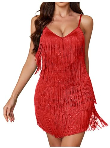 Gatsby - Abito da donna anni '20, con frange rosse, abito corto Charleston, senza spalline, frange, carnevale, Colore: rosso, S