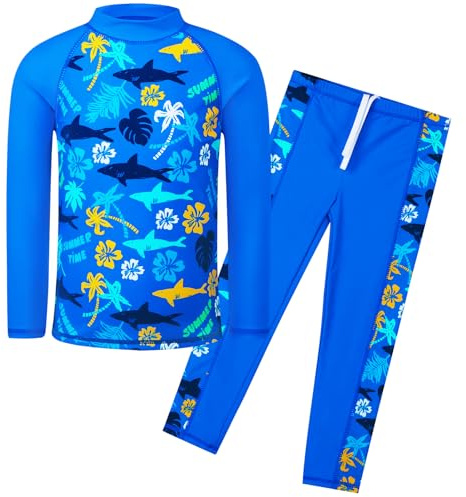HUAANIUE Boys 3-12Y Two Piece Long Sleeve Swimsuit UPF 50+ Sun Protection(Long NavyFlower,116/122)