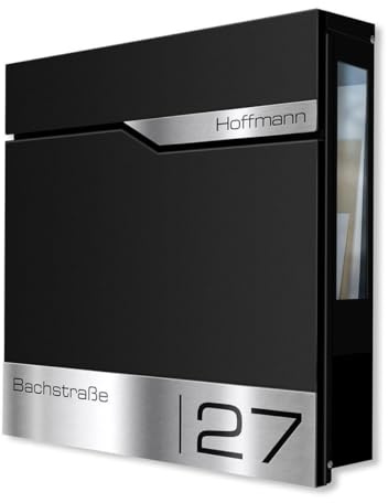 Metzler Cassetta Postale Nero RAL 9005 con Finestra e Portagiornali – Targhetta in Acciaio Inox Incisa – Robusta e Resistente alle Intemperie | Siebert SF