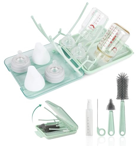 Set Spazzole Viaggio 6 in 1 per Biberon - Kit Pulizia con Spazzola Silicone, Scovolino, Dispenser Sapone e Portabottiglie, Ideale Casa e Trasferte