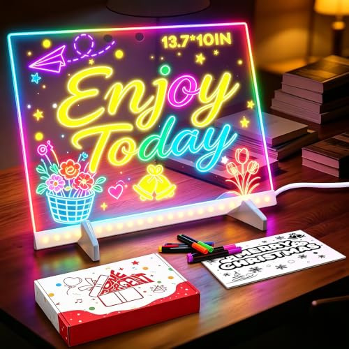 LED Drawing Board -13.7'' X 10 Doodle Glow Board for Christmas Gift, Room/Store/Festival,etc. with 4 Modes & 7 Colors, LED Glow Drawing Board with Adapter, 7 Markers & Tracing Paper