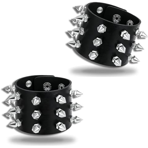 HUSHRICH 2Pcs Punk Studded Bracelet, Gothic Punk Rock Spiked Bracelets PU Leather Rivet Wristband Cuff Wrap Bangle Wrist Cuffs for Men Women 80s Emo Accessories