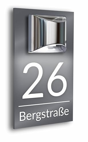 Numero civico di alta qualità illuminato con LED solare | personalizzabile | vetro acrilico antracite opaco | effetto 3D | resistente alle intemperie H1023 grigio