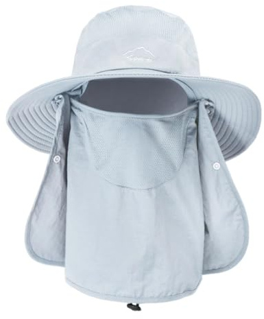 Chapeaux de Pêche Pliable UPF 50+, Chapeau de Soleil à Large Bord avec Cache-Visage et Cache-cou Amovible, Chapeau Randonnée Mentonnière Anti-vent Homme Femme pour Pêche Camping Voyage (Gris clair)