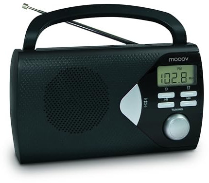 MOOOV 477205 Radio Portable à Pile FM/AM, Tuner Affichage Digital, Poste avec Poignée de Transport Rabattable, Facile d'Utilisation, Fonction Heure & Alarme, Secteur ou Piles - Noir