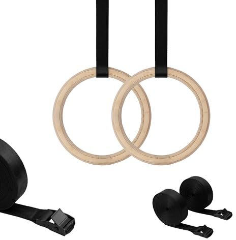 MAMOI Gymnastikringar trä – gymnastikringar traning för full body workout calisthenics, gymnastikringar med remmar och väska för inomhus