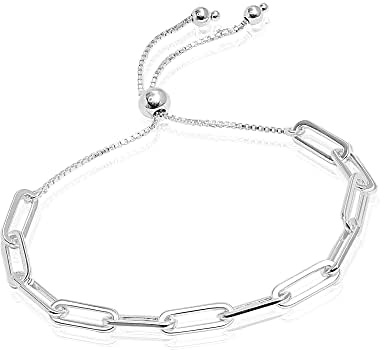 LeCalla Bracelets italiens à maillons trombones en argent sterling 925 pur | Bracelet en or sur argent | Bracelet bolo coulissant pour femme, 25.40 cm, Argent, Non connu