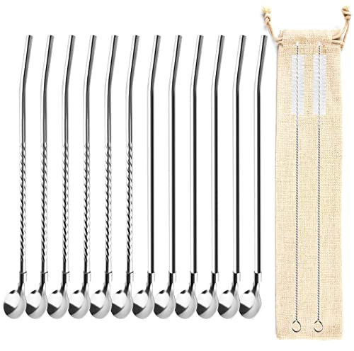 12 Stück Edelstahl Trinkhalm Löffel, wiederverwendbare 2 in 1 Metallstrohhalm Löffel mit 2 Reinigungsbürsten lange Löffelstrohhalme Rührlöffel Strohhalme für Milchshakes Cocktail Kaffee Dessert