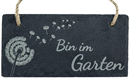Spruchreif | Wetterfestes Schieferschild mit Gravur „Bin im Garten“ | Gartenschild aus Schiefer mit Kordel zum Aufhängen | Dekoration & Geschenkidee für Gartenfreunde
