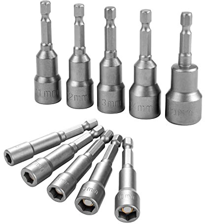 10 Piezas Llaves de Vaso 6-15mm,Magnéticas Llaves de Vaso para Taladro, 1/4 Zócalo Llaves de vaso para Taladro para Electric Screwdriver Handle Tools