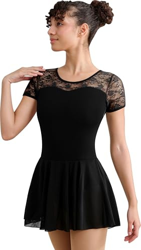 BAKPH Women Dance Ballet Leotard with Skirt,Adult Lace Short Sleeve Ballerina Dancewear(W7027-06-M)