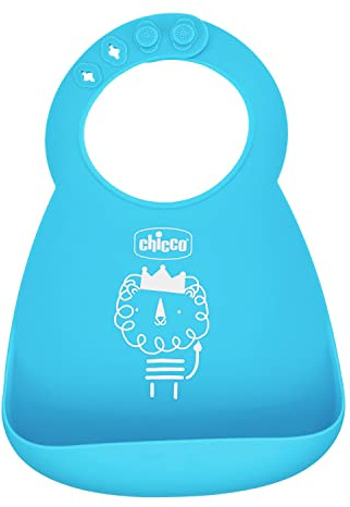 CHICCO Babero rígido Easy Roll, de silicona suave, práctico, impermeable, fácil de limpiar, cuello ajustable, con amplio bolsillo, 6 meses+, azul