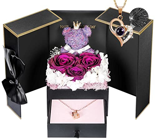 ADDWel Cadeau Anniversaire Femme, Collier de Bijoux de Roses éternelles en 100 Langues Je t'aime, Roses Préservées pour Sa, Maman, Mères, Copine, Petite Amie, et Femme Fête des Mères Anniversaire