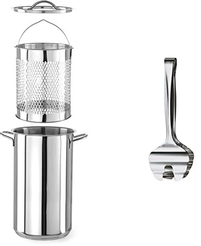 HENDI Spargeltopf Set XL, geeignet für alle Herdarten, 5,5L, ø160x(H)280mm, Edelstahl 18/0 & WMF Spargelzange 16 cm, Cromargan Edelstahl poliert, Servierzange für Spargel, Gemüse, Fisch