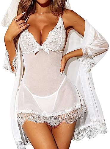 RSLOVE - Babydoll sexy para mujer, vestido de noche, lencería con G-String, conjunto de lencería de encaje femenino, 3 piezas