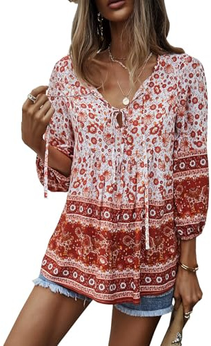 CNTSFS Chemisier pour Femme élégant décontracté Style bohème col en V Motif Floral Tunique Ample à Manches Longues été