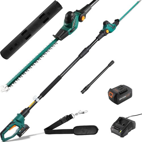 Cortasetos telescópico inalámbrico, Cortasetos inalámbrico, con batería/Cargador de Iones de Litio de 20 V y 4,0 Ah, Longitud de Hoja de 45 cm, Mango Principal Giratorio, Engranaje de Metal