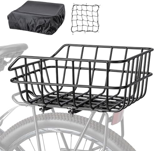 PINNAMAX Fahrradkorb groß Hinten für Gepäckträger,Fahrradkorb mit Netz und Abdeckung,Schwarz