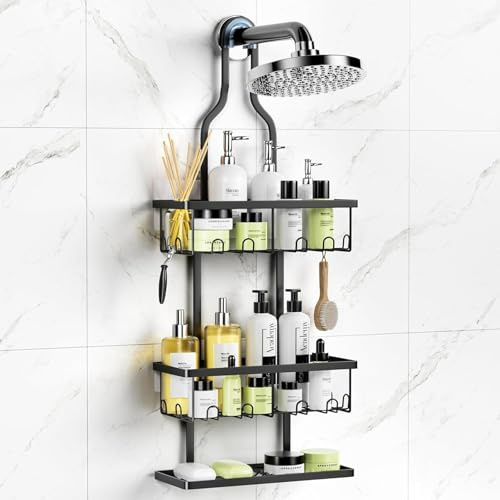 Mensola doccia a 3 livelli da appendere – Mensola da doccia da appendere per porta in vetro, cestino sospeso con 2 cesti doccia e 1 ripiano per sapone, supporto per shampoo per doccia con 14 ganci