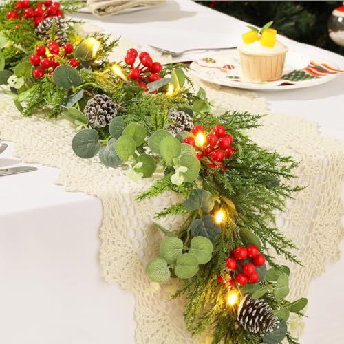 Lewondr Christmas Garland with Lights, 9FT 30 Warm LED Garland Lights Battery Operated with Timer, Christmas Decorations Indoor for Stairs Railing Fireplace Mantel, Artificial Eucalyptus Garland
