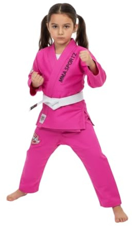 MMA SPORTZ Jiu Jitsu Gi for Kids & Teens – Lightweight Karate Uniform Martial Arts Suit with Free White Belt – Pink, M-4