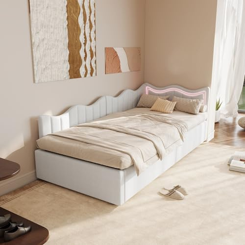 Jugendbett 90x200 cm Schlafsofa mit Bettkasten, Polsterbett Daybett mit Kopfteil, Schlafsofa Einzelbett gepolstert mit Lattenrost, Boxspringbett mit Bettkasten, Tagesbett (Weißer Teddystoff)