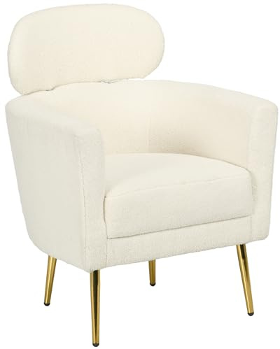 HOMCOM Fauteuil Salon avec appuie-tête Amovible, Fauteuil Crapaud, Style Moderne, Tissu en Peluche Teddy, Pieds en métal doré, pour Salon, Chambre à Coucher, Salle d'étude, crème