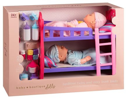 2 Baby Dolls Cozy Bunk Bed Set for Doll Play, Doll bunk bed with 25 accessories, Pillows, Blankets, 56x25x41cm, Playroom & Bedroom Delight