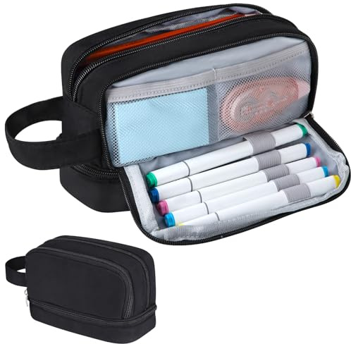 Alyvisun Grande Capacità Astuccio Scuola, Astuccio Portapenne Portatile con 5 Scomparti e Maniglia per Bambino e Adulti, Pencil Case Astucci Multifunzionale per la Scuola e l'Ufficio (Nero)